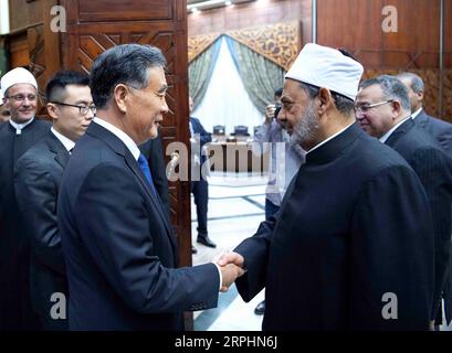 191113 -- CAIRO, 13 novembre 2019 -- Wang Yang, presidente del Comitato Nazionale della Conferenza consultiva politica del popolo cinese CPPCC, stringe la mano al Gran Imam di al-Azhar Ahmed el-Tayeb in Egitto, 11 novembre 2019. Invitato dal presidente Ali Abdel-AAL del Parlamento egiziano, Wang ha effettuato una visita ufficiale in Egitto dal 10 al 13 novembre. EGYPT-CHINA-WANG YANG-VISIT LixTao PUBLICATIONxNOTxINxCHN Foto Stock