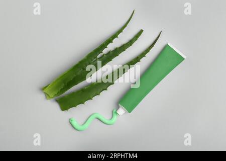 Tubo di dentifricio e aloe fresco su sfondo grigio chiaro, spianato Foto Stock