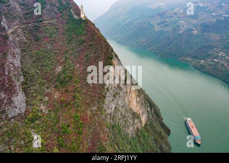 191123 -- CHONGQING, 23 novembre 2019 -- Una nave naviga attraverso la gola di Wuxia, una delle tre gole sul fiume Yangtze, nella contea di Wushan, nel comune di Chongqing della Cina sud-occidentale, 23 novembre 2019. CHINA-CHONGQING-WUXIA GORGE-PAESAGGIO INVERNALE CN WANGXQUANCHAO PUBLICATIONXNOTXINXCHN Foto Stock