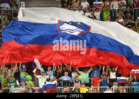 Tifosi sloveni nel Campionato del mondo di pallavolo 2022, all'Arena Stozice di Lubiana Foto Stock