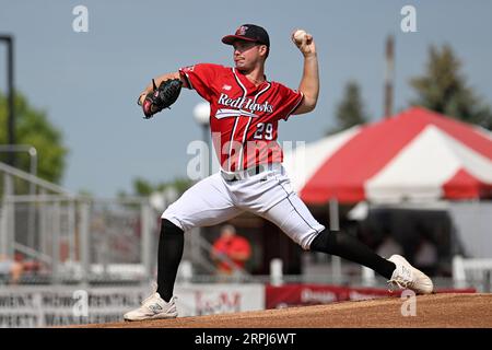 Il lanciatore FM RedHawks Trey Cumbie (29) offre un campo durante la partita dei FM Redhawks contro i Winnipeg Goldeyes nel baseball professionistico della American Association al Newman Outdoor Field di Fargo, ND, domenica 4 settembre 2023. Winnipeg ha vinto 7-2. Foto di Russell Hons/CSM Foto Stock