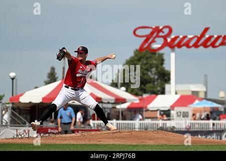 Il lanciatore FM RedHawks Trey Cumbie (29) offre un campo durante la partita dei FM Redhawks contro i Winnipeg Goldeyes nel baseball professionistico della American Association al Newman Outdoor Field di Fargo, ND, domenica 4 settembre 2023. Winnipeg ha vinto 7-2. Foto di Russell Hons/CSM. Foto Stock