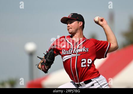 Il lanciatore FM RedHawks Trey Cumbie (29) offre un campo durante la partita dei FM Redhawks contro i Winnipeg Goldeyes nel baseball professionistico della American Association al Newman Outdoor Field di Fargo, ND, domenica 4 settembre 2023. Winnipeg ha vinto 7-2. Foto di Russell Hons/CSM. Foto Stock