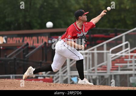 Il lanciatore FM RedHawks Trey Cumbie (29) offre un campo durante la partita dei FM Redhawks contro i Winnipeg Goldeyes nel baseball professionistico della American Association al Newman Outdoor Field di Fargo, ND, domenica 4 settembre 2023. Winnipeg ha vinto 7-2. Foto di Russell Hons/CSM Foto Stock