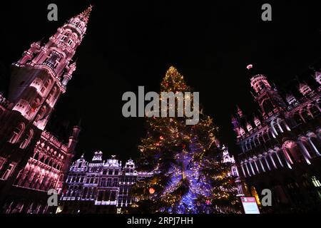 191130 -- BRUXELLES, 30 novembre 2019 -- Un albero di Natale decorato e lo spettacolo di suoni e luci si vedono al Grand Place durante le meraviglie invernali a Bruxelles, in Belgio, 29 novembre 2019. Con una serie di attività come lo spettacolo di suoni e luci, il mercatino di Natale e così via, The Winter Wonders 2019 a Bruxelles è iniziato il 29 novembre 2019 e durerà fino al 5 gennaio 2020. BELGIO-BRUXELLES-MERAVIGLIE INVERNALI ZhengxHuansong PUBLICATIONxNOTxINxCHN Foto Stock