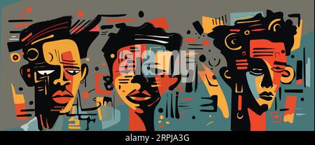 Tre teste umane astratte africane in stile moderno con sfondo grigio, uomini e donne. Illustrazione Vettoriale
