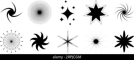 Vari lampeggiamenti e raccolta di scintille. Set Black retro Bling Stars. Pacchetto effetto brillantezza stellare astratto. Elementi di design per poster, banner, logo, scheda, icona, etichetta, collage. Bundle vettore Illustrazione Vettoriale