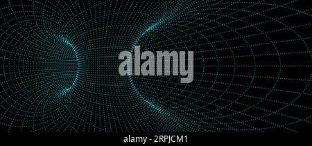 Struttura a reticolo con foro elicoidale. Profilo geometrico tratteggiato neon sfondo tunnel griglia. Imbuto 3D o struttura a vortice. Linee energetiche astratte tratteggiate blu su sfondo scuro. Sfondo con illustrazione vettoriale Illustrazione Vettoriale