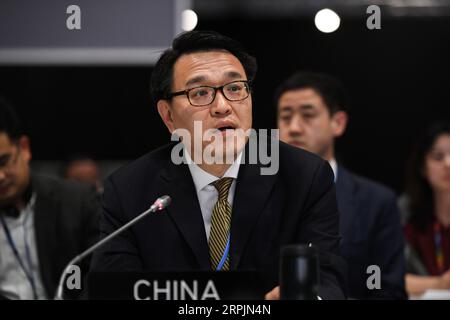 191215 -- MADRID, 15 dicembre 2019 -- Zhao Yingmin, capo della delegazione cinese e vice ministro dell'Ecologia e dell'ambiente, parla alla sessione plenaria conclusiva della Conferenza delle Nazioni Unite sui cambiamenti climatici COP25 a Madrid, Spagna, 15 dicembre 2019. La Conferenza delle Nazioni Unite sui cambiamenti climatici COP25 si è conclusa domenica dopo una proroga senza precedenti, poiché i negoziatori non sono riusciti a raggiungere un accordo sull'articolo 6 dell'accordo di Parigi del 2015 sui dettagli dei meccanismi del mercato del carbonio. SPAGNA-MADRID-COP25-SESSIONE PLENARIA CONCLUSIVA LuxYang PUBLICATIONxNOTxINxCHN Foto Stock