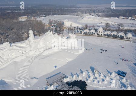 191223 -- HARBIN, 23 dicembre 2019 -- foto aerea scattata il 23 dicembre 2019 mostra le persone che si divertono durante la 32a esposizione Internazionale d'Arte di Scultura della neve di Harbin Sun Island ad Harbin, capitale della provincia di Heilongjiang nella Cina nordorientale. Foto di /Xinhua CHINA-HARBIN-INTERNATIONAL SNOW SCULPTURE ART EXPOSITION CN XiexJianfei PUBLICATIONxNOTxINxCHN Foto Stock