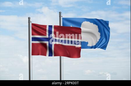 Bandiera della Norvegia e bandiera dell'Antartide che sventolano insieme nel vento sul cielo blu Foto Stock