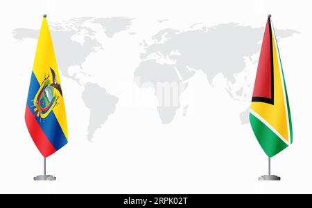 Ecuador e Guyana bandiere per un incontro ufficiale sullo sfondo della mappa mondiale. Illustrazione Vettoriale