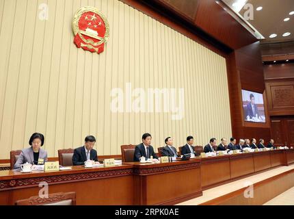 191223 -- PECHINO, 23 dicembre 2019 -- li Zhanshu, presidente del Comitato permanente NPC del Congresso Nazionale del popolo, presiede la prima riunione plenaria della 15a sessione del 13° Comitato permanente NPC presso la grande sala del popolo di Pechino, capitale della Cina, 23 dicembre 2019. CHINA-BEIJING-LI ZHANSHU-NPC-PLENARY MEETING CN LIUXWEIBING PUBLICATIONXNOTXINXCHN Foto Stock