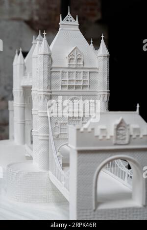 SOLO PER USO EDITORIALE l'artista Michelle Wibowo svela una scultura del Tower Bridge interamente realizzata con zucchero in vista del lancio della Reductive Art Exhibition - A Story of Salt and Sugar di Kellogg, che è aperta l'8 e il 9 settembre presso Gallery@oxo, Londra. Data di emissione: Martedì 5 settembre 2023. Foto Stock