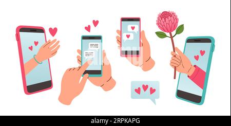 Set di messaggi d'amore. Telefono con la mano con amore o come messaggi di notifica, concetto di design San Valentino Illustrazione Vettoriale