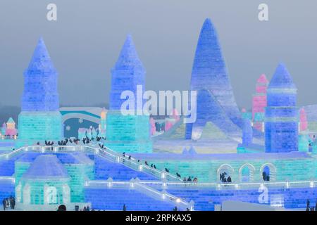 Bilder des Jahres 2020, News 01 Januar News Themen der Woche KW01 News Bilder des Tages 200105 -- HARBIN, 5 gennaio 2020 -- People visit the 36th Harbin Ice and Snow Festival at Harbin Ice-Snow World in Harbin, capitale della provincia di Heilongjiang più settentrionale della Cina, 5 gennaio 2020. L'annuale Harbin Ice and Snow Festival ha aperto al pubblico qui la domenica. CHINA-HARBIN-ICE AND SNOW FESTIVAL-OPENINGCN ZHANGXTAO PUBLICATIONXNOTXINXCHN Foto Stock