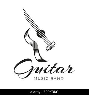 Striscione a nastro retrò d'epoca, logo della chitarra acustica classica Illustrazione Vettoriale