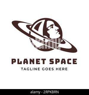 Planet Saturn con casco astronauta in Space for Universe Science Logo Design Illustrazione Vettoriale