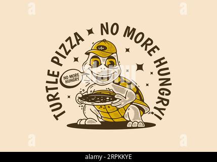 Pizza tartaruga, non più affamata, illustrazione del personaggio Mascot di una tartaruga che tiene una pizza Illustrazione Vettoriale