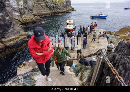 Porto di sbarco dei visitatori, isola di Skellig Michael, Mainistir Fhionáin (Monastero di St. Fionan), contea di Kerry, Irlanda, Regno Unito Foto Stock