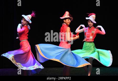 200116 -- ISTANBUL, 16 gennaio 2020 -- Performers dance in Istanbul, Turchia, 15 gennaio 2020. Uno spettacolo di danza e musica cinese che celebra il prossimo Capodanno cinese ha ottenuto grandi applausi dal pubblico di Istanbul mercoledì. Lo spettacolo, chiamato Magical Silk Road e Magnificent Longyuan, fu eseguito dalla China's Gansu Provincial Opera e dalla Gansu Province Acrobatic Troupe in un centro culturale nel distretto di Atasehir. Il programma ha caratterizzato una miscela di danza e musica tradizionale cinese, introducendo sia l'antico patrimonio culturale che la cultura moderna del paese in 16 diverse sezioni. Foto Stock