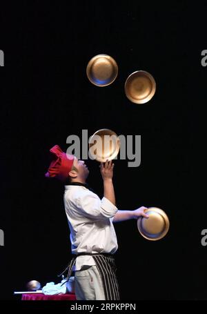 200116 -- ISTANBUL, 16 gennaio 2020 -- un acrobata si esibisce a Istanbul, in Turchia, 15 gennaio 2020. Uno spettacolo di danza e musica cinese che celebra il prossimo Capodanno cinese ha ottenuto grandi applausi dal pubblico di Istanbul mercoledì. Lo spettacolo, chiamato Magical Silk Road e Magnificent Longyuan, fu eseguito dalla China's Gansu Provincial Opera e dalla Gansu Province Acrobatic Troupe in un centro culturale nel distretto di Atasehir. Il programma ha caratterizzato una miscela di danza e musica tradizionale cinese, introducendo sia l'antico patrimonio culturale che la cultura moderna del paese in 16 diverse sezioni Foto Stock