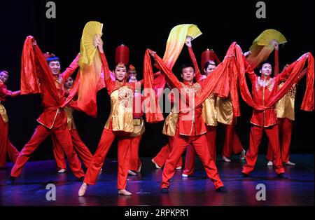 200116 -- ISTANBUL, 16 gennaio 2020 -- Performers dance in Istanbul, Turchia, 15 gennaio 2020. Uno spettacolo di danza e musica cinese che celebra il prossimo Capodanno cinese ha ottenuto grandi applausi dal pubblico di Istanbul mercoledì. Lo spettacolo, chiamato Magical Silk Road e Magnificent Longyuan, fu eseguito dalla China's Gansu Provincial Opera e dalla Gansu Province Acrobatic Troupe in un centro culturale nel distretto di Atasehir. Il programma ha caratterizzato una miscela di danza e musica tradizionale cinese, introducendo sia l'antico patrimonio culturale che la cultura moderna del paese in 16 diverse sezioni. Foto Stock