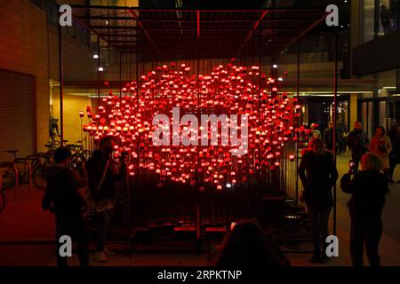 200118 -- LONDRA, 18 gennaio 2020 Xinhua -- la gente vede un'installazione luminosa intitolata Desire progettata da Uxu Studio durante uno spettacolo di luci invernali al Canary Wharf di Londra, in Gran Bretagna, 17 gennaio 2020. Foto di Tim Ireland/Xinhua BRITAIN-LONDON-LIGHTS SHOW PUBLICATIONxNOTxINxCHN Foto Stock