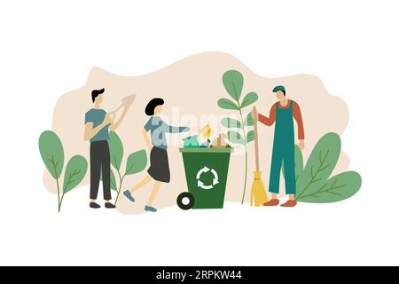Pratica sostenibile illustrazione vettoriale di progettazione piatta nella vita quotidiana. personaggi con uno stile di vita ecologico. Illustrazione Vettoriale