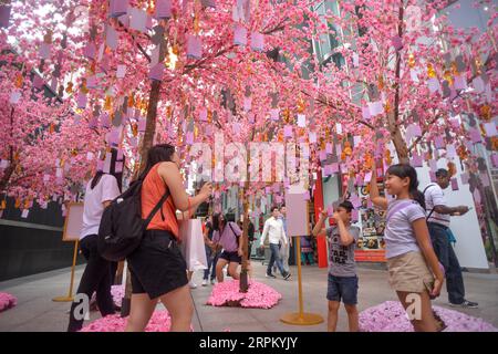 200121 -- KUALA LUMPUR, 21 gennaio 2020 Xinhua -- i cittadini scattano foto sotto gli alberi di pesca artificiali a Kuala Lumpur, Malesia, 21 gennaio 2020. Foto di Chong Voon Chung/Xinhua MALESIA-KUALA LUMPUR-DECORAZIONE DEL CAPODANNO CINESE PUBLICATIONxNOTxINxCHN Foto Stock