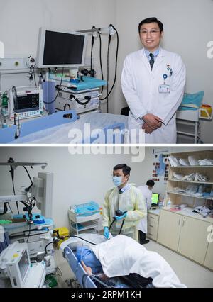 200124 -- SHENZHEN, 24 gennaio 2020 -- foto combinata scattata il 22 gennaio 2020 mostra Xu Bangren in posa per una foto nell'ospedale dell'Università di Hong Kong-Shenzhen HKU-SZH TOP e Xu che esegue un controllo medico su un paziente nell'ospedale di Shenzhen, nella provincia del Guangdong della Cina meridionale. Xu Bangren, un chirurgo del fegato, delle vie biliari e del pancreas, proviene da Wenchang, nella provincia di Hainan nella Cina meridionale. È in servizio durante le festività di quest'anno di Capodanno lunare cinese. Molte persone di diversi stili di vita scelgono di trascorrere la vacanza del Festival di Primavera a Shenzhen. Shenzhen accoglie il suo 40° anniversario Foto Stock