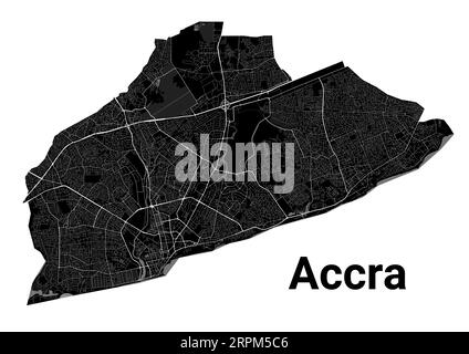 Accra, Ghana mappa. Mappa nera dettagliata dell'area amministrativa della città di Accra. Vista sull'aria metropolitana con poster del paesaggio urbano. Terra nera con strade bianche e avenu Illustrazione Vettoriale