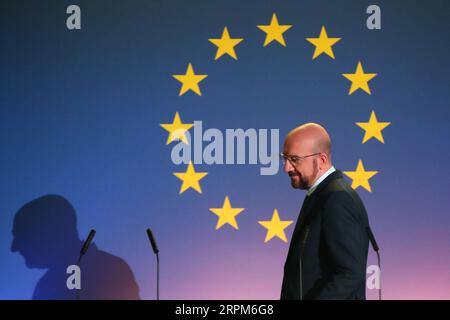 200131 -- BRUXELLES, 31 gennaio 2020 -- il presidente del Consiglio europeo Charles Michel partecipa a una conferenza stampa sul futuro dell'Europa al Parlamentarium di Bruxelles, in Belgio, 31 gennaio 2020. L'accordo di recesso del Regno Unito entrerà in vigore all'uscita del Regno Unito dall'UE venerdì sera, ponendo fine ai 47 anni di adesione del paese. PORTRAITSBELGIUM-BRUSSELS-EU-LEADERS-BREXIT ZhengxHuansong PUBLICATIONxNOTxINxCHN Foto Stock