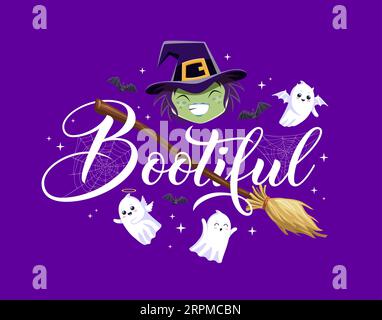 Citazione di Halloween fidelissima di personaggi dei cartoni animati fantasmi di strega e kawaii. Un tipo carino di Halloween horror per le vacanze notturne, una strega divertente con scopa, pipistrelli, ragnatele e fantasmi Illustrazione Vettoriale