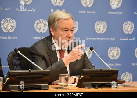 200211 -- PECHINO, 11 febbraio 2020 -- il Segretario generale delle Nazioni Unite Antonio Guterres parla a una conferenza stampa presso la sede delle Nazioni Unite a New York, il 4 febbraio 2020. Guterres ha espresso preoccupazione per la possibilità di discriminazione contro alcuni gruppi di persone a causa della nuova epidemia di coronavirus. PER SEGUIRE I TITOLI DI XINHUA DI FEB. 11, 2020. U.S.-CORONAVIRUS-XENOFOBIA CONTRO GLI ASIATICI-ALLARME WANGXJIANGANG PUBLICATIONXNOTXINXCHN Foto Stock