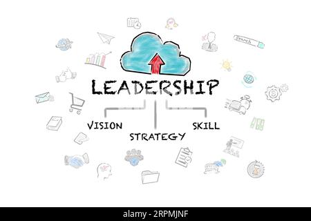 Concetto DI LEADERSHIP. Fumetti di dati illustrati e icone su sfondo bianco. Foto Stock