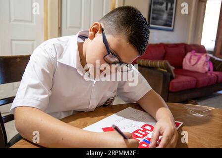 200214 -- SAN JOSE, 14 febbraio 2020 Xinhua -- Jose David Porras Mendez, un ragazzo costaricano di 11 anni, fa un disegno a sostegno della lotta della Cina contro il nuovo coronavirus a San Jose, Costa Rica, 28 gennaio 2020. Foto di Esteban dato/Xinhua COSTA RICA-SAN JOSE-CHINA-NOVEL CORONAVIRUS-FIGHT-SUPPORT PUBLICATIONxNOTxINxCHN Foto Stock