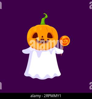 Il personaggio fantasma kawaii di Halloween del cartone animato indossa una zucca che regge un lecca lecca. Un simpatico e vettoriale allegro personaggio che si diverte con la lanterna jack sulla testa e si diverte durante le spaventose festività natalizie Illustrazione Vettoriale