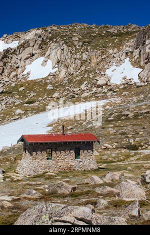 Lo storico Seamans Hut nel Parco Nazionale di Kosciuszko tra il Monte Kosciuszko e il passo Charlotte in una chiara giornata estiva, nelle Snowy Mountains, New Foto Stock