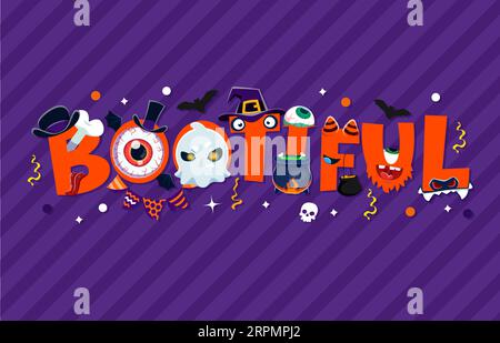 Citazione delle festività di Halloween piena di mostri divertenti personaggi vettoriali. Tipografia dei cartoni animati con personaggi carini come fantasmi, zombie, lupi mannari e lettere vampiri con volti sorridenti, cappello da strega e calderone Illustrazione Vettoriale