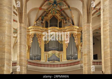Gottfried Silbermann organo a St. Cattedrale di Maria, romanico, vista interna, galleria, organo Silbermann, Freiberg, Sassonia, Germania Foto Stock