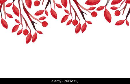 Cornice autunnale con foglie rosse, rami e bacche. Disegno ad acquerello per la progettazione di social network e materiali stampati. Decoro stagionale di novembre Foto Stock