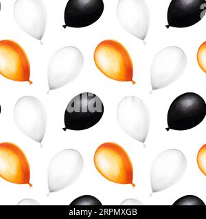 Striscione Halloween senza cuciture ad acquerello con illustrazioni a palloncini. Disegnare a mano uno schizzo di bollatura arancione, nero e bianco isolato su sfondo bianco. Per Foto Stock