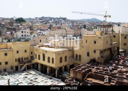 Uomini che lavorano alla conceria Chouara in Marocco, mettendo cuoio in vasi di pietra rotondi per ammorbidirlo e colorarlo in diversi colori. A Fez el Bali Foto Stock