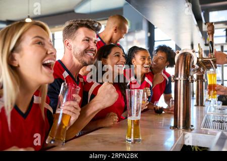 Gruppo multiculturale di amici che indossa le maglie della squadra nel bar dello sport per festeggiare la partita in TV Foto Stock