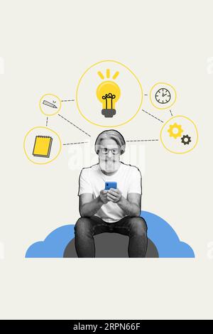 Idea di soluzione creativa lampada eureka collage immagine di un uomo d'affari che naviga nel telefono con il gestore multitasking isolato su sfondo beige Foto Stock