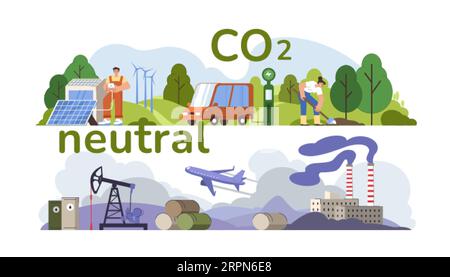 CO2 neutra, concetto di equilibrio ecologico. Le persone aiutano a salvare la neutralità del carbonio, a compensare l'inquinamento atmosferico causato da fabbriche e industrie. I caratteri proteggono l'atmosfera dallo smog e riducono le emissioni nell'ambiente. Illustrazione Vettoriale