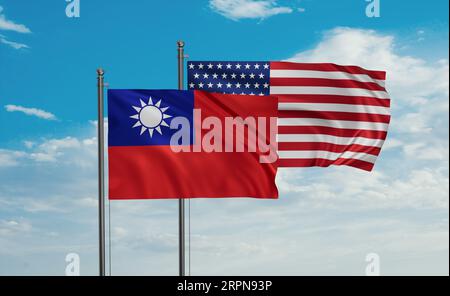 La bandiera degli Stati Uniti e di Taiwan sventolano insieme nel vento sul cielo blu, concetto di cooperazione tra due paesi Foto Stock