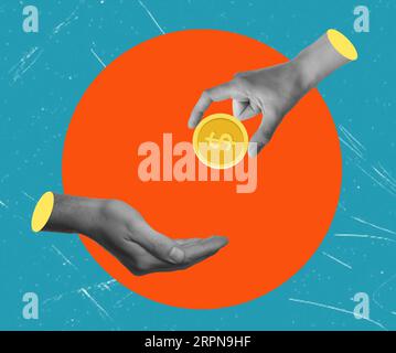 Un collage di banner con due persone che si scambiano lampadine e acquistano monete d'oro su sfondo blu. Il concetto di vendere idee. Foto Stock