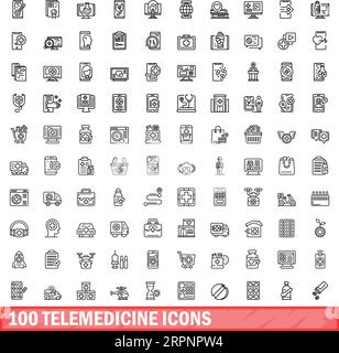 100 set di icone di telemedicina. Illustrazione di 100 icone di telemedicina insieme di vettori isolati su sfondo bianco Illustrazione Vettoriale